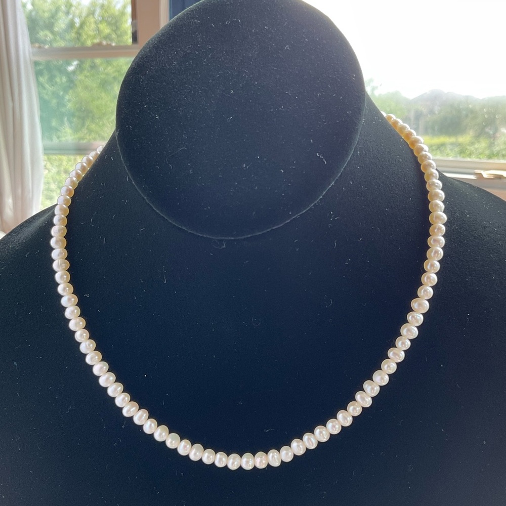 White Pearl Necklace, Oval Fresh Water Pearls, 16 3/4” Long, June Birthstone - Picture 4 of 11